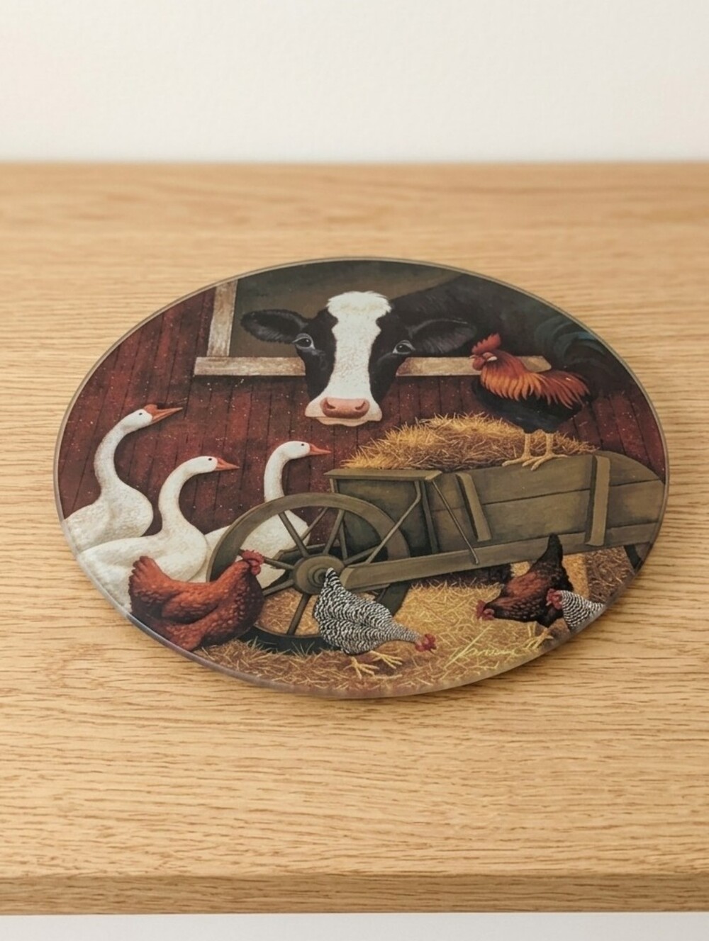 Vintage Farm Scene Glass Trivet with Cow And Goose – Country Kitchen Decor